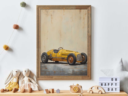 Yellow Vintage Racing Car Art, Retro Decor for Car Enthusiasts - WildfieldPrints