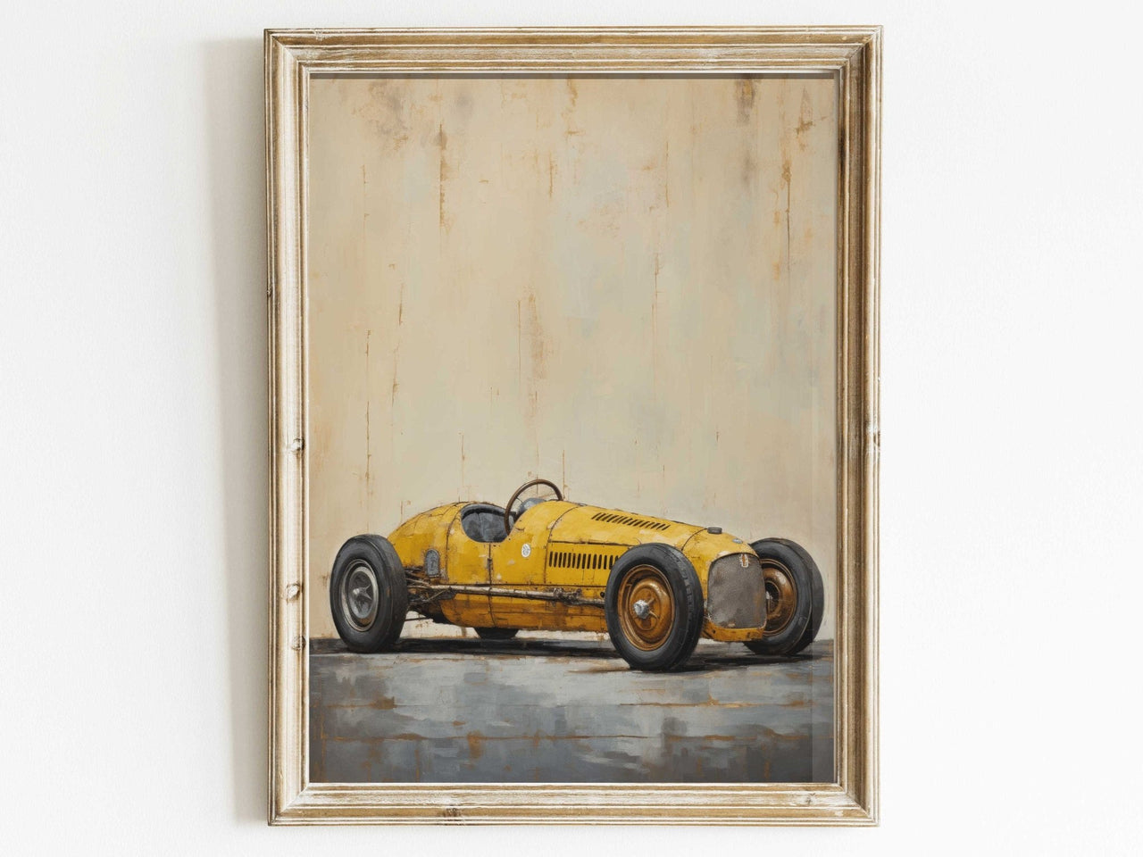 Yellow Vintage Racing Car Print – Automotive Living Room Wall Art