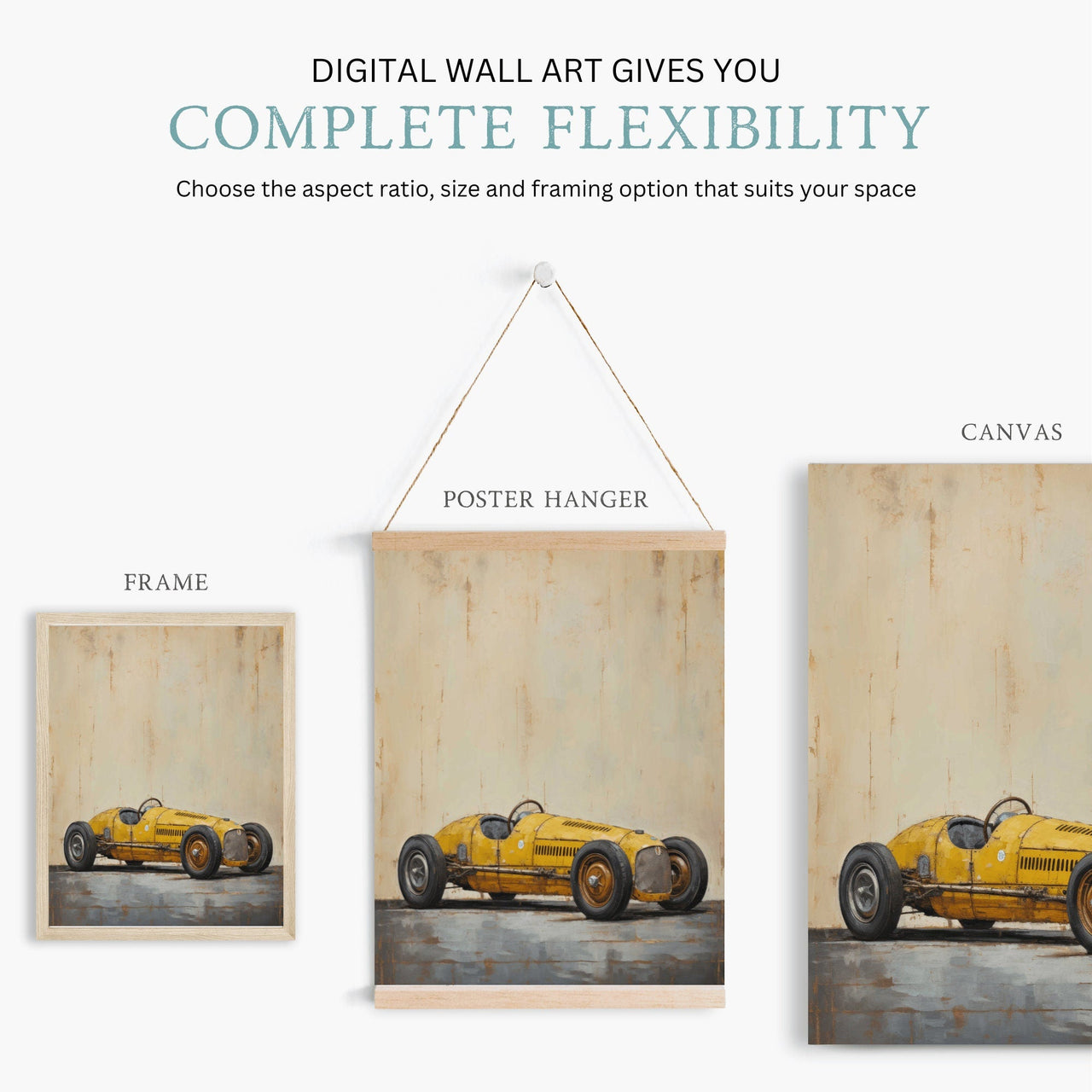 Yellow Vintage Racing Car Print – Automotive Living Room Wall Art