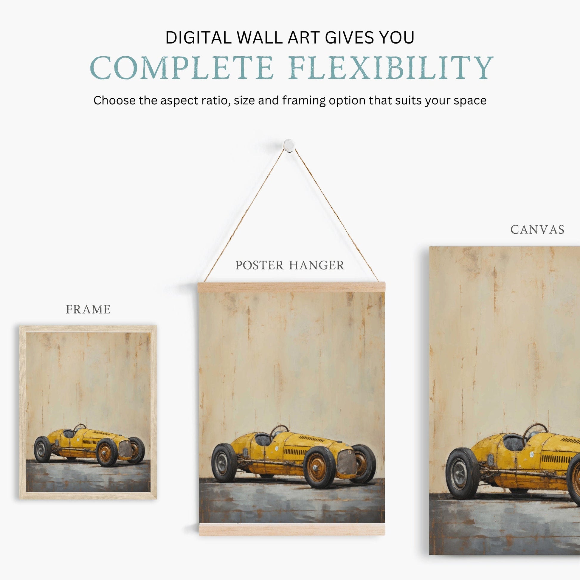 Yellow Vintage Racing Car Art, Retro Decor for Car Enthusiasts - WildfieldPrints
