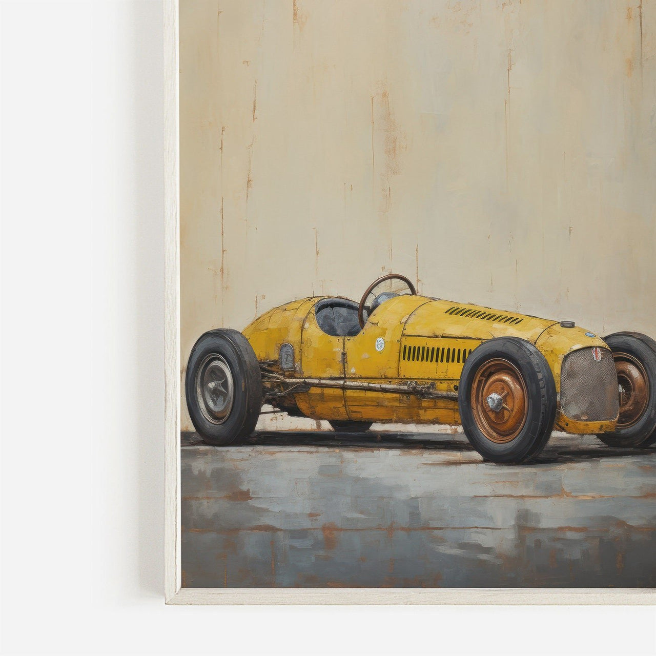 Yellow Vintage Racing Car Print – Automotive Living Room Wall Art