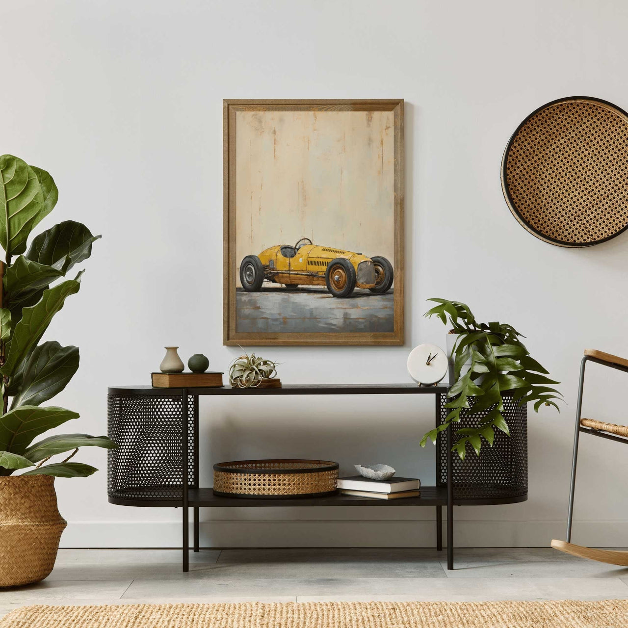 Yellow Vintage Racing Car Print – Automotive Living Room Wall Art