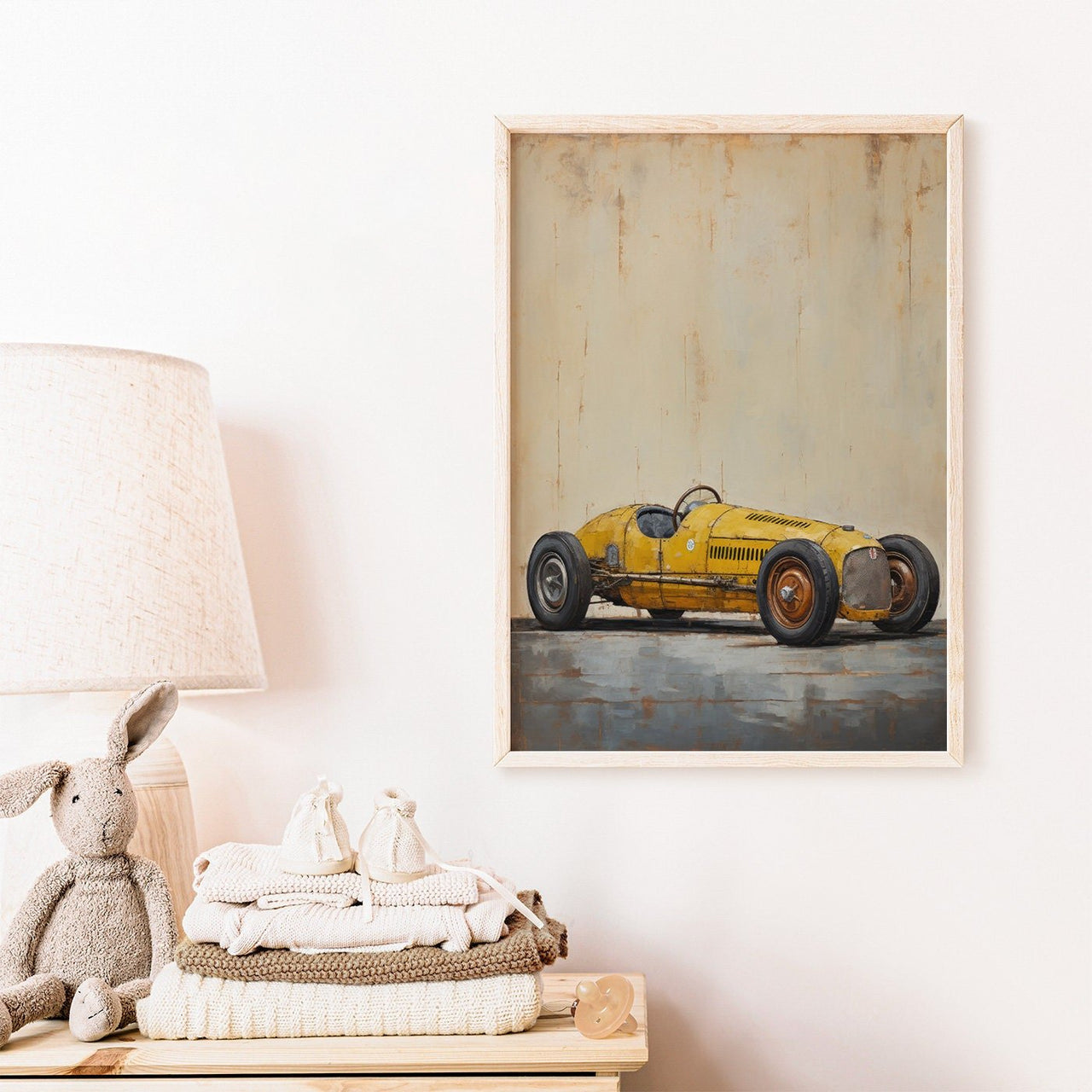 Yellow Vintage Racing Car Print – Automotive Living Room Wall Art