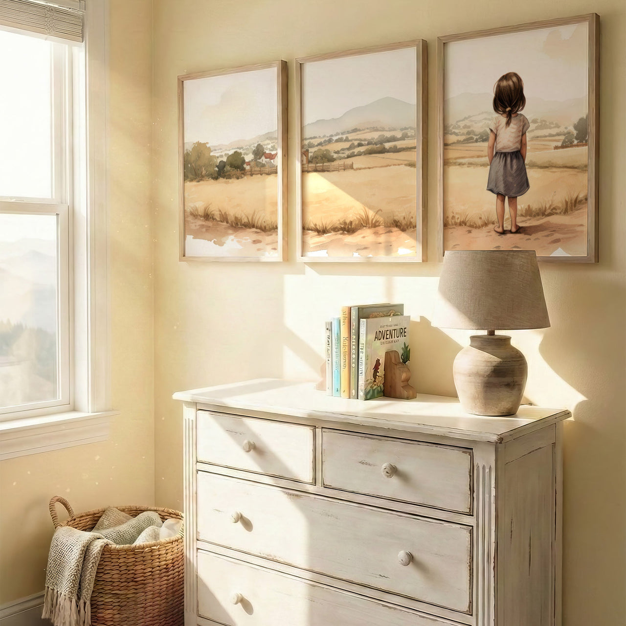 Young Girl Countryside Print – Farm Nursery Wall Art for Girls • Set of 3