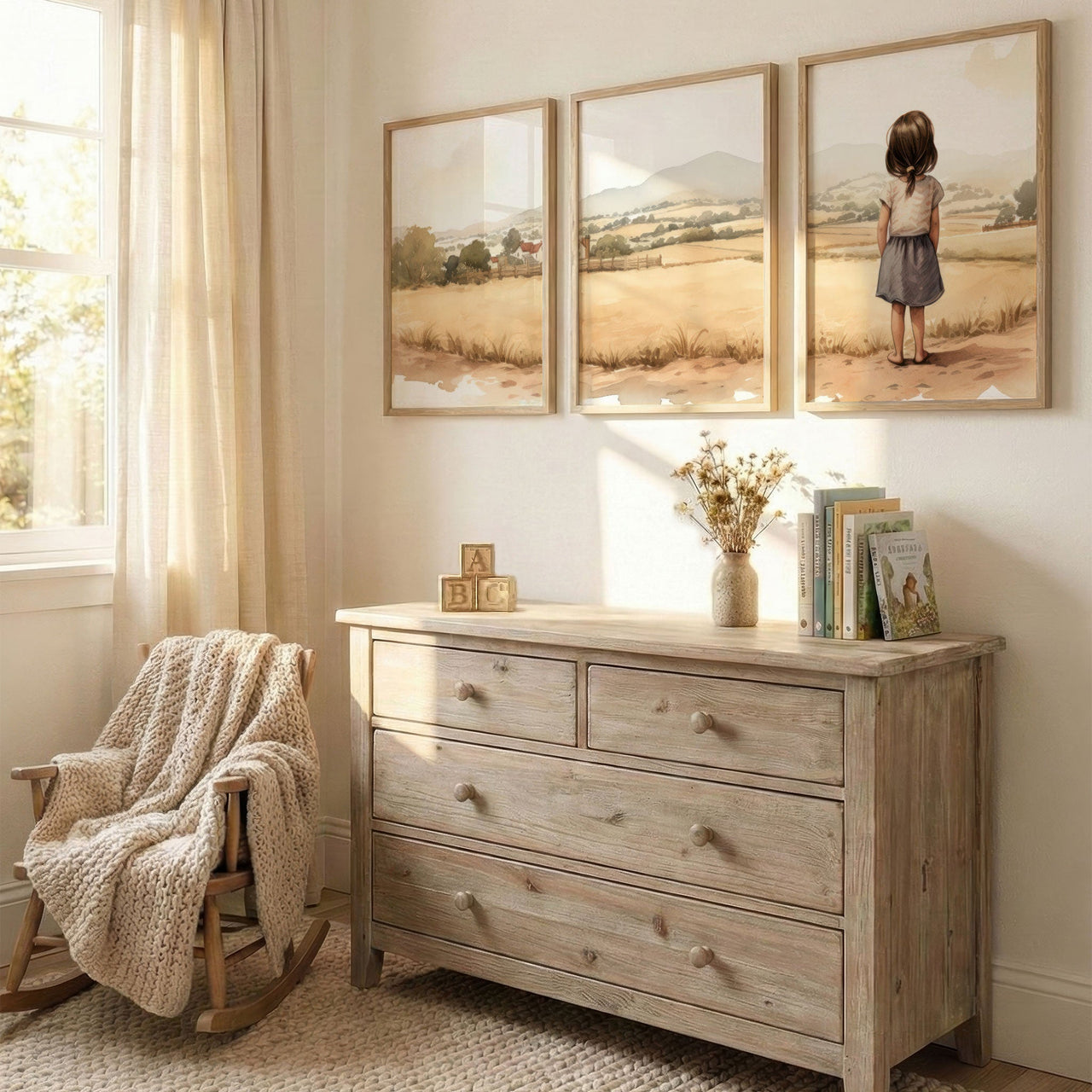 Young Girl Countryside Print – Farm Nursery Wall Art for Girls • Set of 3